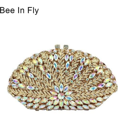 Bee In Fly Hollow Out Floral Women Green Emerald Diamond Evening Handbags Purses Ladies Party Crystal Clutch Wedding Bag
