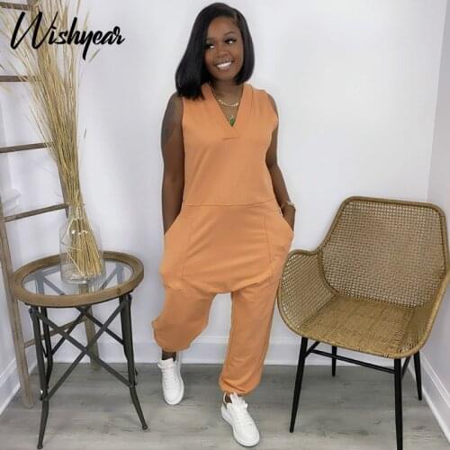 Wishyear Loungewear Jumpsuit Plus Size Women Clothing Sleeveless Pocket Rompers Summer Clothes Sexy One Piece Night Club Outfits