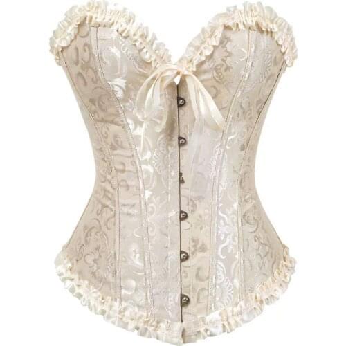 Womens Lacing Corset Top Satin Floral Boned Overbust Body Shaper Bustier