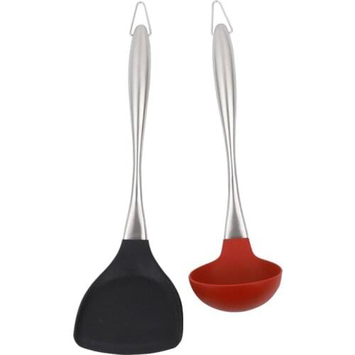 Stainless Steel Silicone Kitchenware 2 Sets, Good Temperature Resistance, Spatula, Non Stick Silicone Spoon
