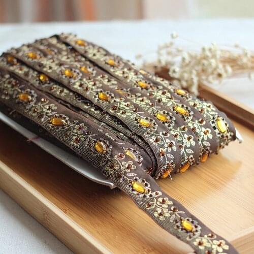 2yard Coffee + gold High Quality Hand Made Beaded Sequined Wedding Lace Trim Embroidered Retro Lace Bridal 0.99'' Wide