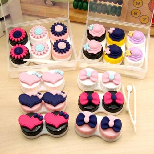 Free ship!1lot=6set!Bow flower contact bear hat lenses box / companion box / Cartoon eyeglasses box / lens care /3box/set