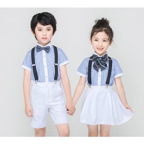4Pcs Formal Gentleman Boys Summer Wedding Outfits White Skirt Blue Shirts with Bow tie Girls Students School Uniform Suits