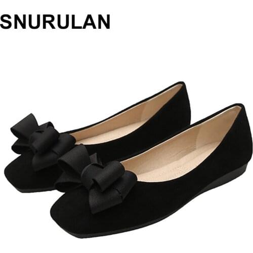 SNURULAN Flats Women Fashion Butterfly-Knot Square Toe Party Leather Ballerinas Plus Size 33 - 43 Shallow Ladies Flats