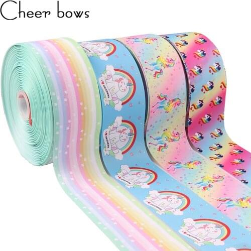 2Y/Lot 3"75mm Rainbow Unicorn Printed Grosgrain Ribbon Fashion Fabric DIY Hairbows Accessories Holiday Decorations Materials