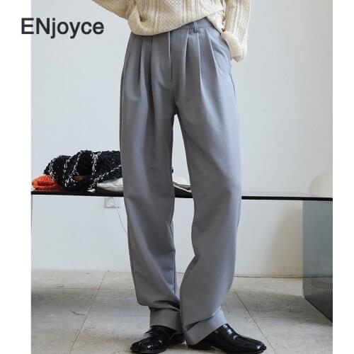 Vintage Gray Drape Suit Pants Women Korean Fashion High Waist Pant Office Ladies Workwear Loose Wide Leg Straight Trousers