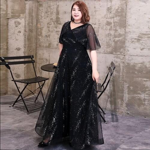 Black Evening Dresses Long Plus Size Floor-Length A-Line Lace Up Half Sleeves V-Neck Simple Sequined Elegant Party Dress D024