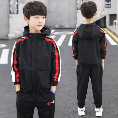 2020 Spring winter kids Boy Tracksuit Clothes striped Cotton Uniform Hooded jacket + Sport pants Suit 4 6 8 9 10 11 12 14 year