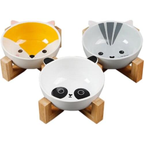 Douyin net red binaural cartoon ceramic pet bowl bamboo wooden stand supporting dog bowl ceramic cat bowl