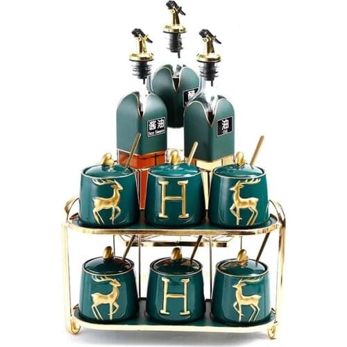 Ceramic Seasoning Spice Jars Luxury Seasoning Jar Set with Holder Oil Bottle Kitchen Supplies Storage Set Salt Sugar Container