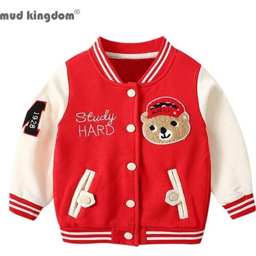 Mudkingdom Cute Little Boys Bomber Jacket Cartoon Bear Outerwear Patchwork Long Sleeve Casual Kids Baseball Jacket