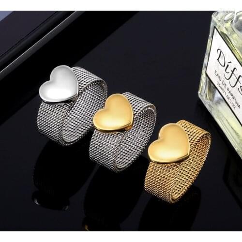Fashion Love Heart Mesh Rings Charm Reticulate Shiny Stainless Steel Round OL Finger Ring For Men Women Wedding Party Jewelry