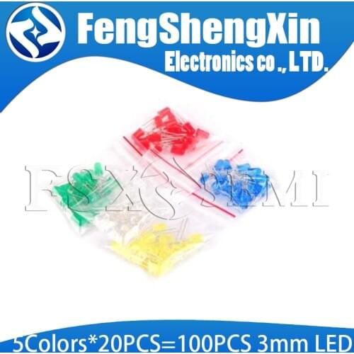 5Colors*20PCS=100PCS F3 3MM Round LED Assortment Kit Ultra Bright Water Clear Green/Yellow/Blue/White/Red Light Emitting Diode