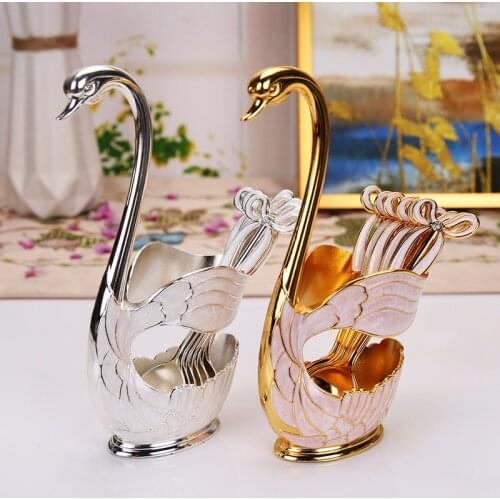 Metal Travel Cutlery Gold Silver Color Spoon / Fork Set Swan Design Kitchenwear Candy Tool Fruit Snack Dessert Cake Fork