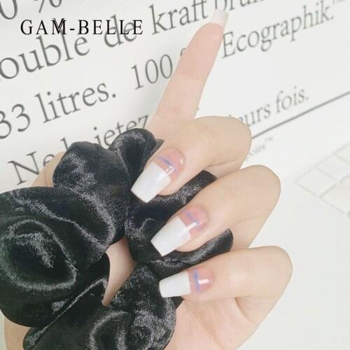 GAM-BELLE False Nails White Tip Blue Strip Design Mid-Length Square Shape Fake Press On Nails Tips With Glue Manicure Tools