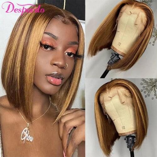 Bob Wig #4/27 Highlight Colored Human Hair Wigs Pre Plucked Ombre 13x1 Lace Frontal Wig Remy T Part Human Hair Wigs For Women