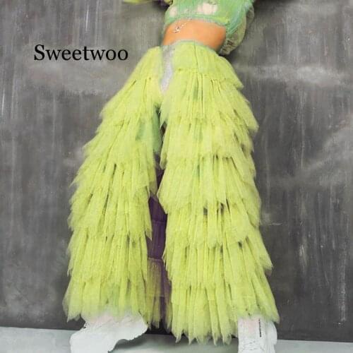 Mesh Transparent Neon Bubble Skirts Buckle Pleated See Through Patchwork Sexy Women Club Rave Festival Long Skirt 4 Colors 2020