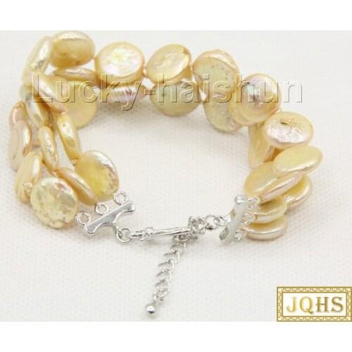 Adjustable 17-24cm 3row 11mm coin fastener champagne pearls bracelet 18KGP clasp j10032