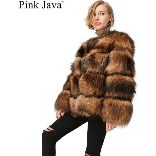 PINK JAVA QC1874 new arrival free shipping women winter real raccoon fur coat fluffy hot sale wholesale fur dress