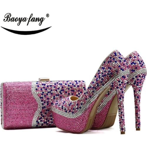 BaoYaFang Pink Multicolored womens wedding shoes with matching bags Luxury crystal shoe and purse sets High heel round toe Pump