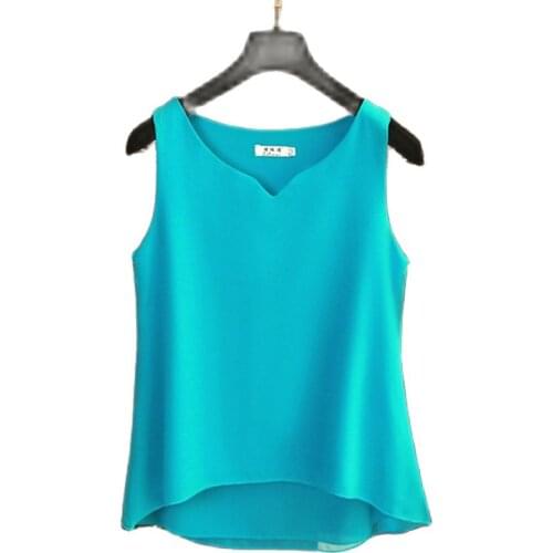 New Womens Chiffon T-shirt Summer 2020 Fashion Casual Solid Color V-neck Sleeveless Loose Tops Tees Pullovers Slim Thin T-shirt