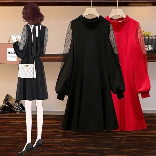 Sexy lantern sleeve dress female plus size 2021 spring and autumn new fashion mesh stitching open back loose casual mini dress