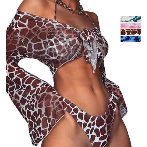 Sexy Three Pieces Bikini Set Leopard Long Sleeve Bikini Swimwear Lace Up Bikini Bathing Suits Split swimsuit 2021 Summer New