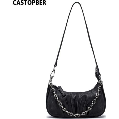 Fashion Baguette Shape Bag Womens Cow Genuine Leather Chain Link Shoulder Handbags Pleated Crossbody Bags With 2 Straps Quality