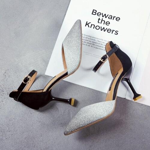 Autumn Women Pumps Black High Heels Lady Patent leather Thick Pointed Single Shoes Buckle Female Sandals Stiletto U14-47