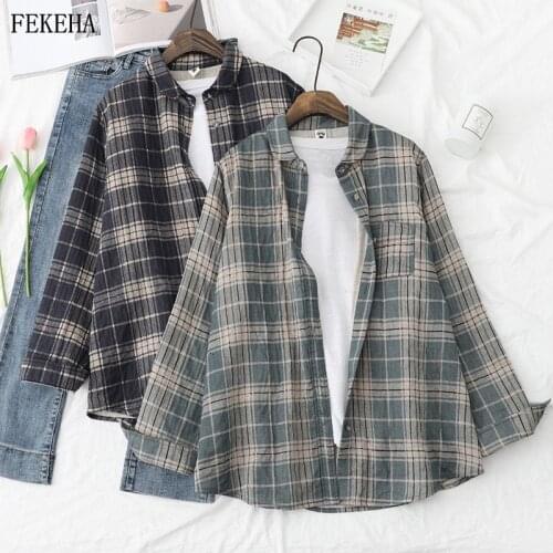 Plaid Shirts Women Double Layer Cotton Yarn Blouses Long Sleeve Loose Lady Tops Autumn Winter Female Clothes