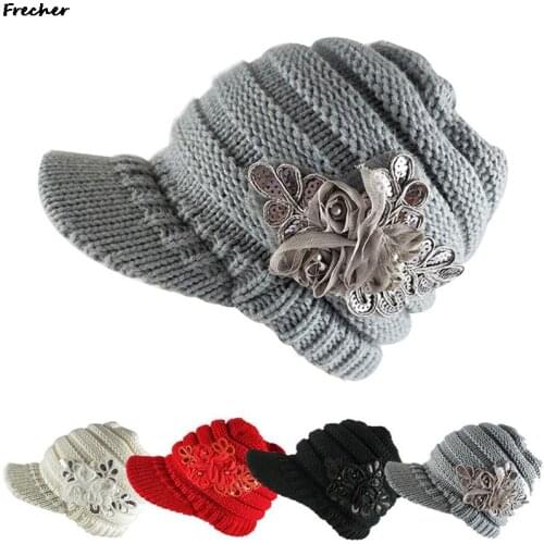 Winter Knitted Caps Women Korean Fashion Autumn Winter Ladies Hat Brim Sequin Applique Baseball Cap Tide Knit Outdoor Caps