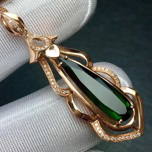 Fine Jewelry Real 18 K Rose Gold 100% Natural Green Tourmaline 4.9ct Female Diamonds Gemstone Diamond Womens Pendants Necklaces