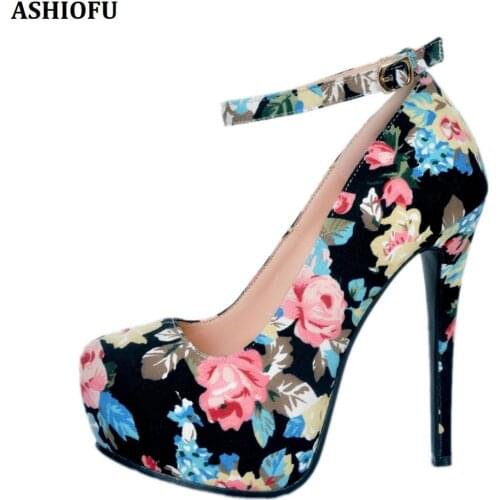 ASHIOFU Handmade Womens High Heel Pumps Flower Leather Chinese Style Wedding Party Dress Shoes Fashion Club Court Shoes