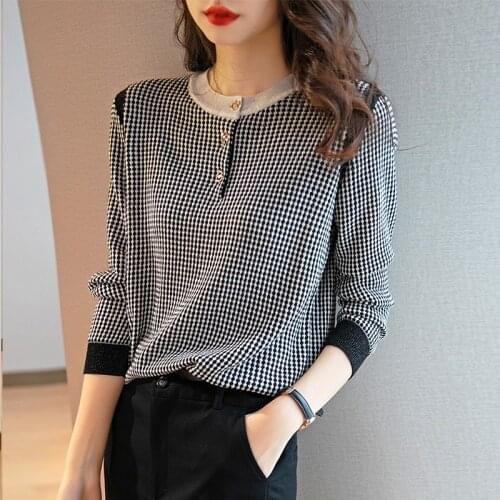Knitted Women Sweater Pullover Houndstooth Loose Contrast Color O Neck Long Sleeve Casual Autumn Buttons Tops Female Clothing