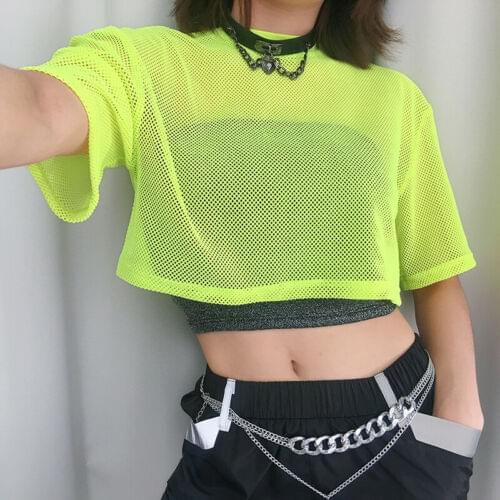 Women Bright Green Fishnet Crop Tops Mesh See-through Cropped Shirt Short Sleeves Loose T-Shirt Female Clubwear Summer Hot