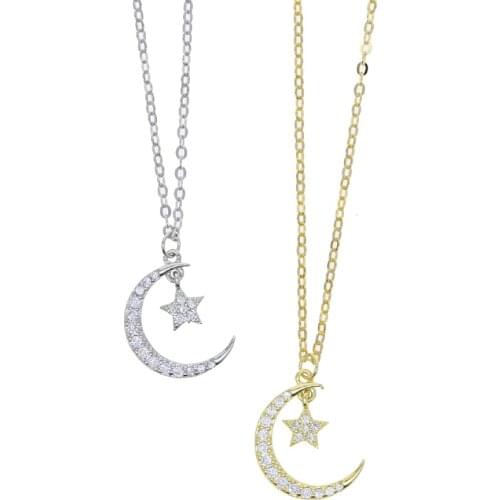 FINE 925 sterling silver dainty Classic bling Cz Paved Star Moon Pendant Necklace For women Lady Charm Wedding Jewelry wholesale