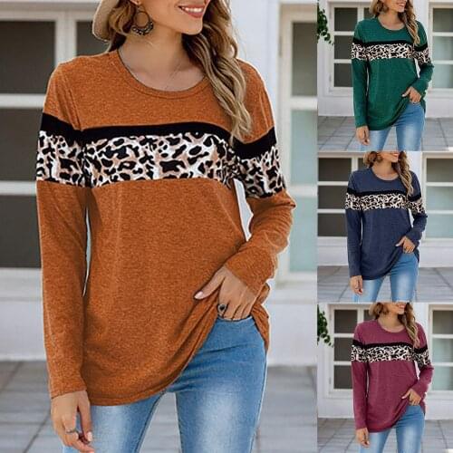 Women Long Sleeve Color Block O Neck Leopard Print Leisure Pullover Sweatshirt Blouse Tops