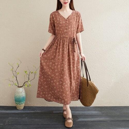 Plus Size Vintage Floral Women Summer Mid Calf Dress 2021 Casual Loose V-neck Short Sleeve Cotton Linen Beach Dresses Vestidos
