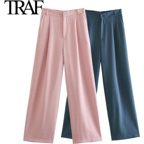 Traf Za Women Fashion High Waist Wide Leg Pants Vintage Streetwear Side Pockets Long Pants Office Lady Pink Trousers Mujer