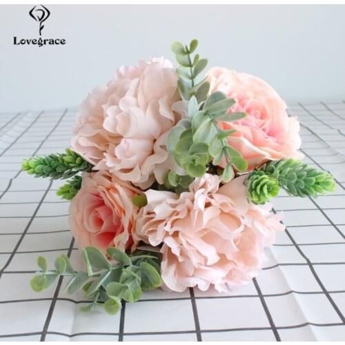 Lovegrace Artificial Flower Rose Bouquet Handmade Silk Peony Eucalyptus Leaf Green Succulent New Wedding Flower Bridal Bouquet