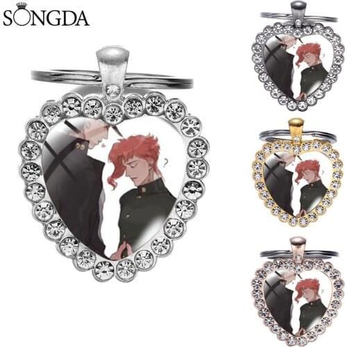 Japan Anime JoJos Bizarre Adventure Rhinestone Keychain Glass Art Photo Heart Fashion Time Gem Car Key Chain For Fans Jewelry