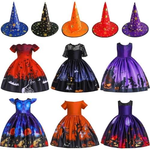 Girls Halloween Witch Cosplay Costumes with Hat Children Canival Party Dark Ghost Pattern Knee Length Lace Sleeve Dresses Kids