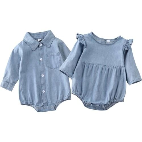 0-18M Newborn Infant Baby Girls Boys Denim Rompers Ruffles Long Sleeve Jumpsuit Toddler Baby Costumes Autumn Spring Clothes