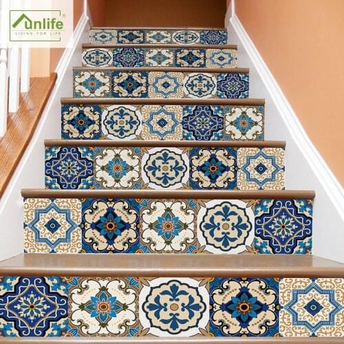 Funlife®18*100cm*6pcs Moroccan Stair Riser Sticker Waterproof PVC Self-adhesive for Stairway Bathroom Kitchen Living Room Decor