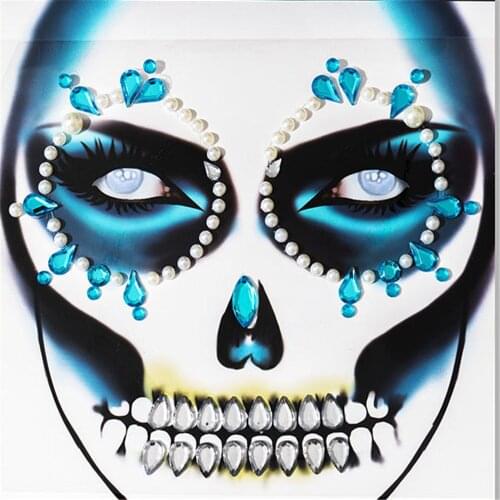 Fake Tattoo Festival Skull Bone Face Jewel with Teeth Makeup Sticker for Carnival Night Clubbing Makeup Body Art Wholesale