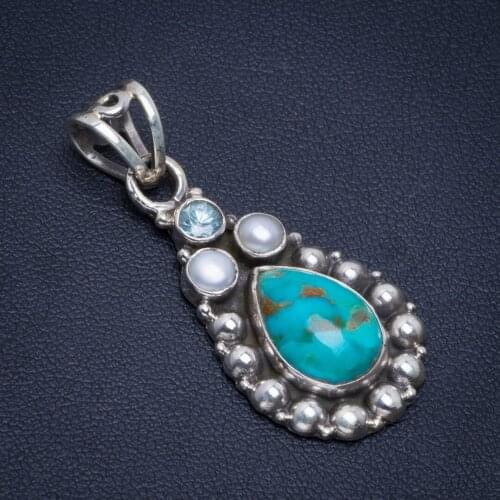 StarGems Natural Turquoise,River Pearl and Blue Topaz Handmade Unique 925 Sterling Silver Pendant 1.5" B3495