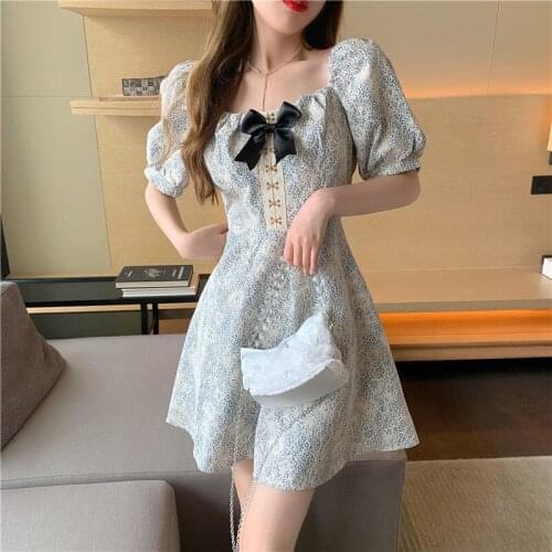 Small floral Square Collar Chiffon Lace Skirt 2021 summer new design feeling bow bubble Short Sleeve Dress