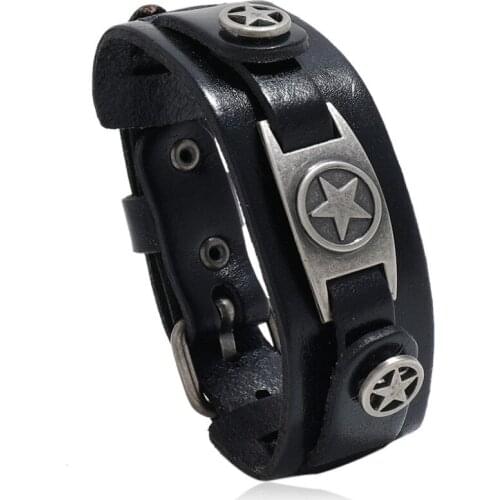 Punk Rock Fashion Men Stars Bracelet Cuff Genuine Leather Alloy Beads Charm Bangle Wrap Wristbands Women Vintage Casual Jewelry