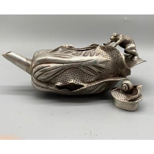 MOEHOMES Collectible Decorated Miao silver Frog cabbagestatue teapot home decoration Metal crafts Tea Pot