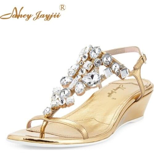 Luxury Golden Summer Women Wedge Shoes Party Dress Crystal Night Woman Female Lady Buckle Ankle Strap Dress Party Plus Size 45